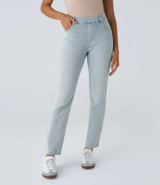 High Waisted Straight Stretchy Knit Casual Jeans - Light Azure Denim