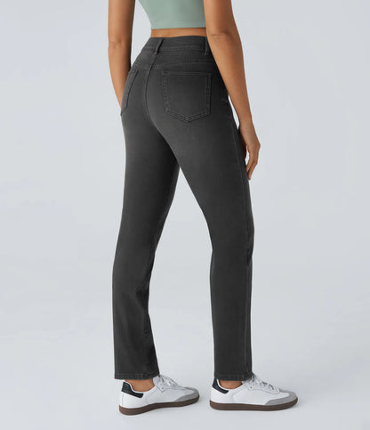 High Waisted Straight Stretchy Knit Casual Jeans - Deep Black Denim