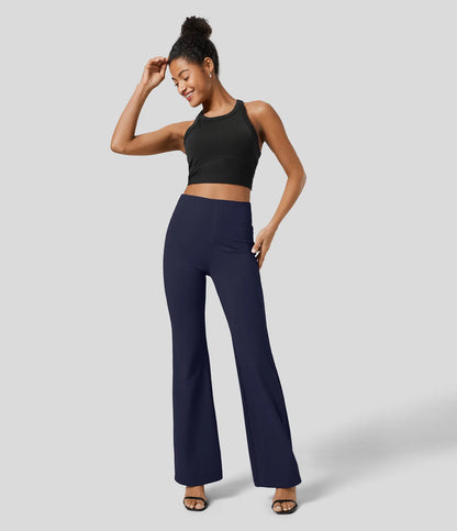 High Waisted Back  Pocket Flare Work Pants - Navy
