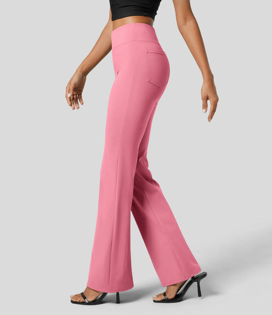 High Waisted Back  Pocket Flare Work Pants - Pink