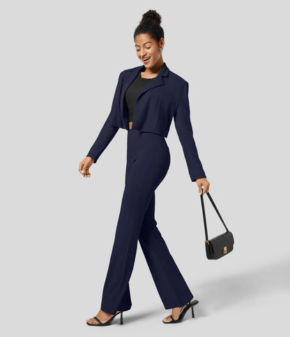 High Waisted Back  Pocket Flare Work Pants - Navy
