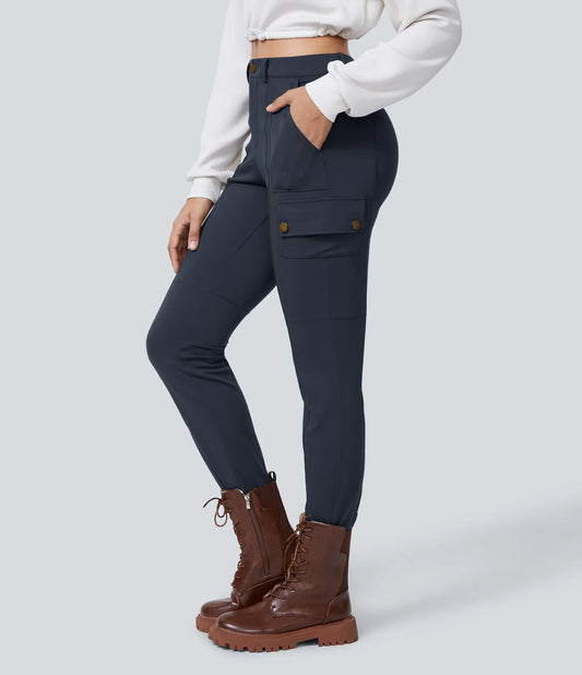 High Waisted Button Zipper Multiple Pockets Solid Skinny Cargo Pants - Navy