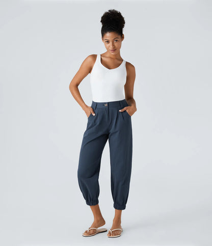 Mid Rise Button Zipper Women Casual Pants - Navy