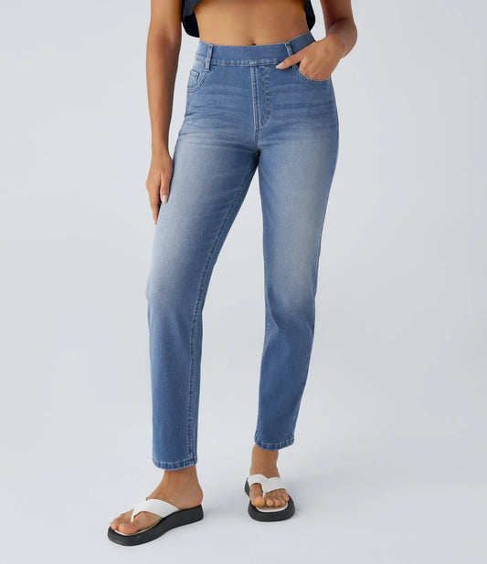 High Waisted Straight Stretchy Knit Casual Jeans - Sea Blue Denim