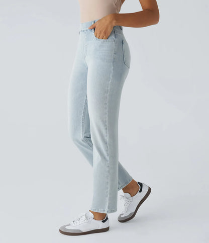 High Waisted Straight Stretchy Knit Casual Jeans - Light Azure Denim