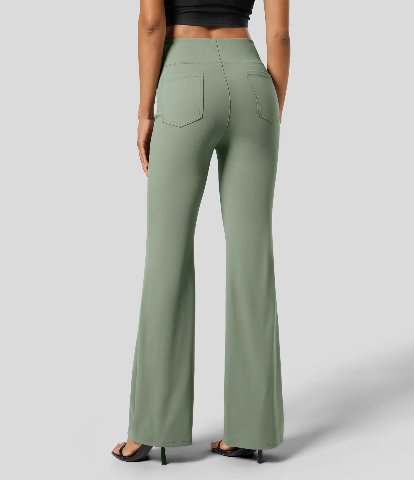 High Waisted Back  Pocket Flare Work Pants - Pista