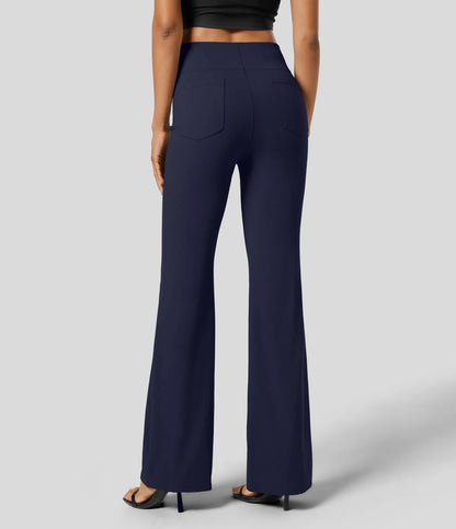 High Waisted Back  Pocket Flare Work Pants - Navy