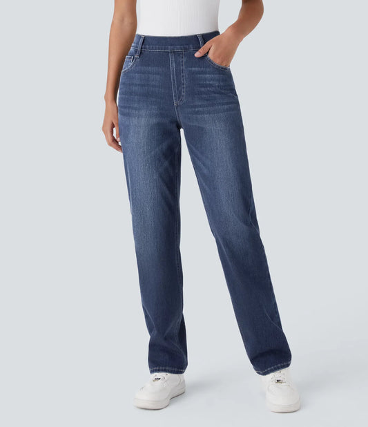 High Waisted Straight Stretchy Knit Casual Jeans - Paint Blue Denim