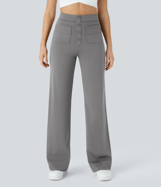 High Waisted Button Multiple Pockets Straight Leg Casual Pants - Gray