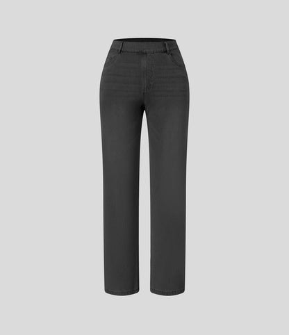High Waisted Straight Stretchy Knit Casual Jeans - Deep Black Denim