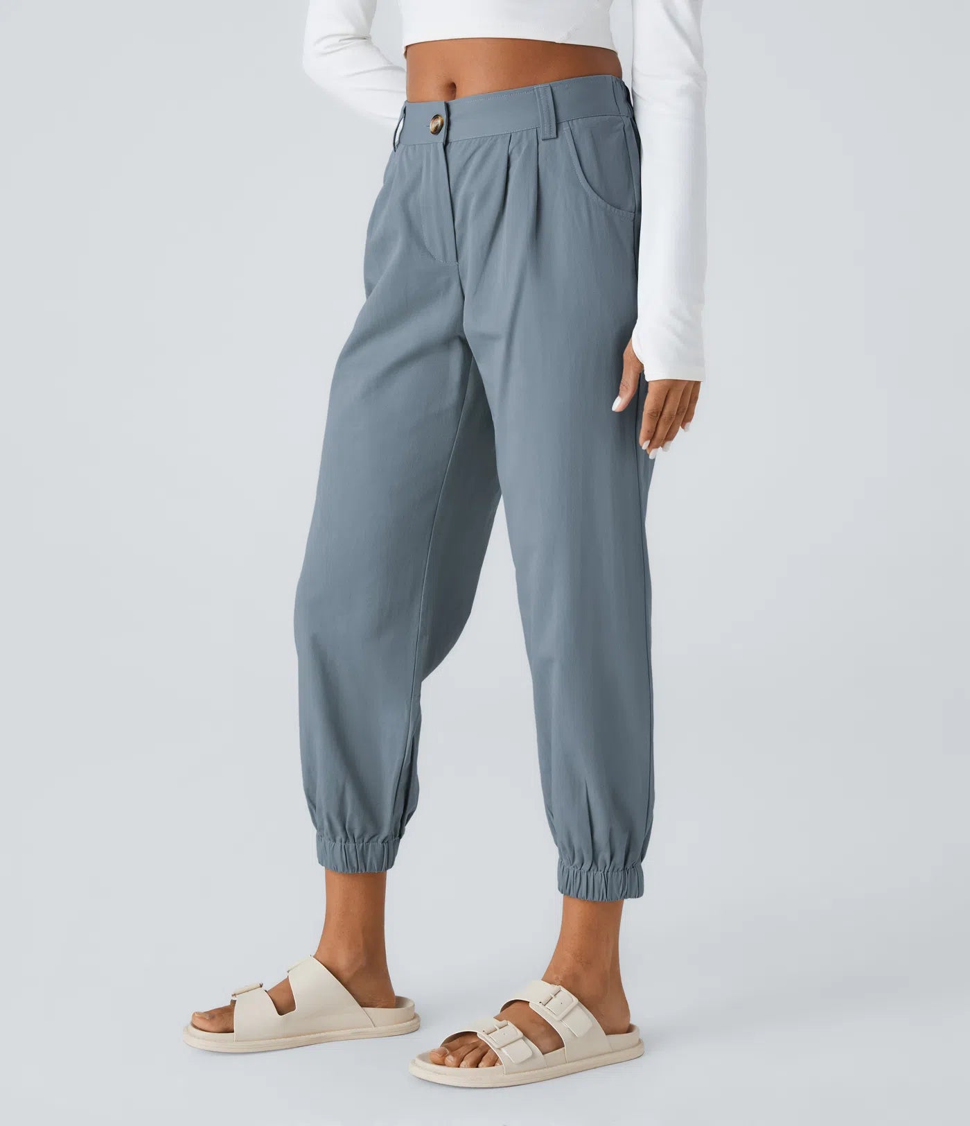 Mid Rise Button Zipper Women Casual Pants - Gray