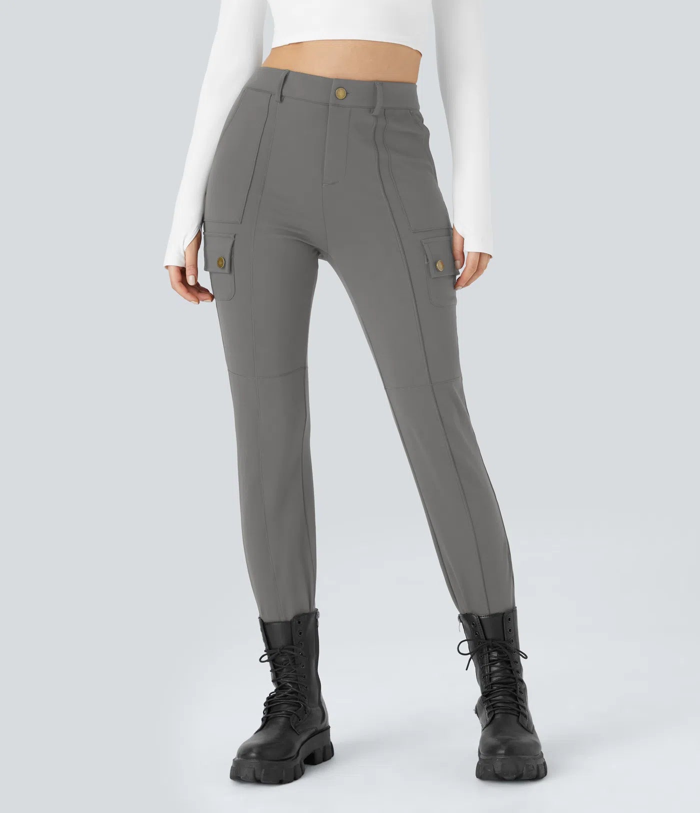 High Waisted Button Zipper Multiple Pockets Solid Skinny Cargo Pants - Gray