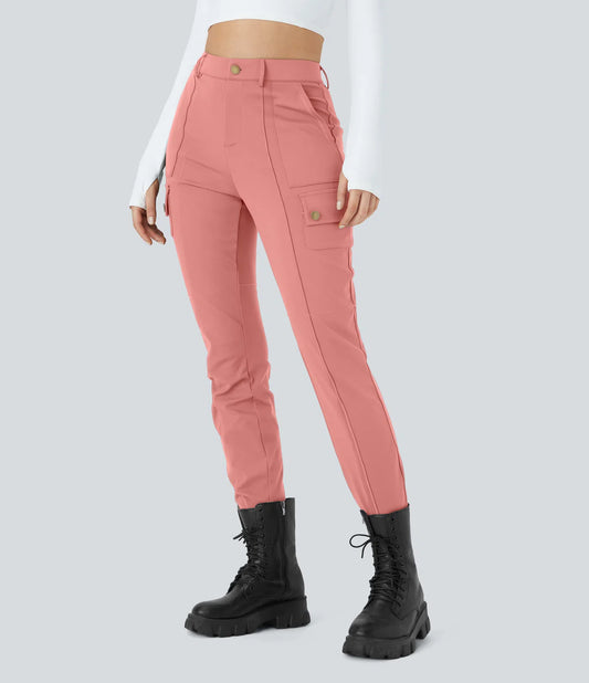 High Waisted Button Zipper Multiple Pockets Solid Skinny Cargo Pants - Pink