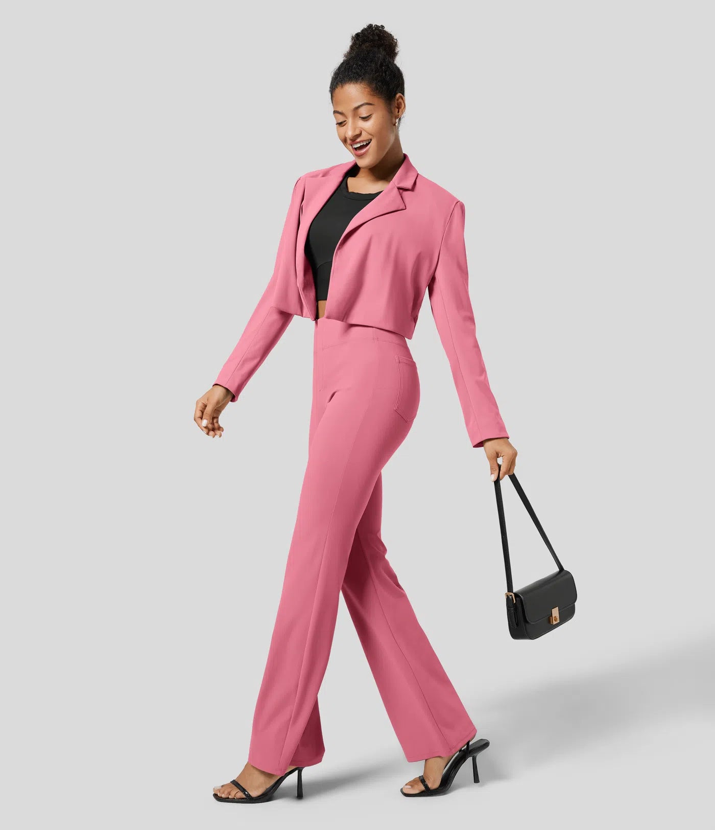 High Waisted Back  Pocket Flare Work Pants - Pink