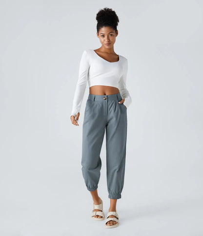 Mid Rise Button Zipper Women Casual Pants - Gray