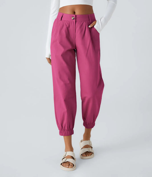 Mid Rise Button Zipper Women Casual Pants - Pink