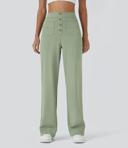 High Waisted Button Multiple Pockets Straight Leg Casual Pants - Pista