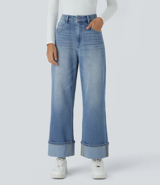 High Waisted Wide Leg Stretchy Knit Casual Jeans - Sea Blue Denim