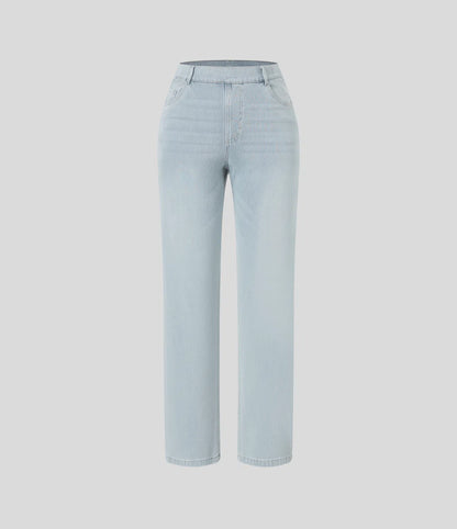 High Waisted Straight Stretchy Knit Casual Jeans - Light Azure Denim
