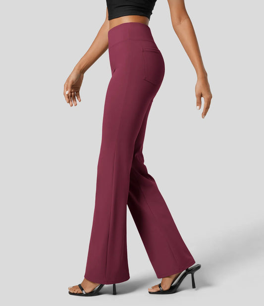 High Waisted Back  Pocket Flare Work Pants - Wine