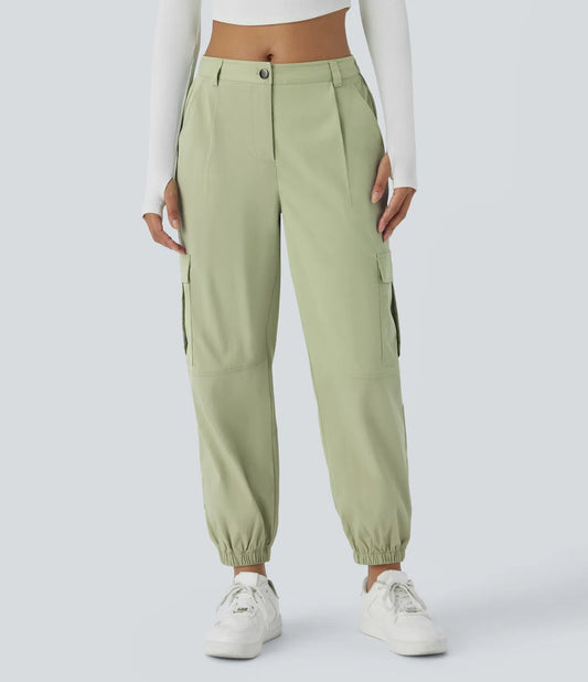 Mid Rise Button Zipper Multiple Pockets Casual Cargo Joggers - Green