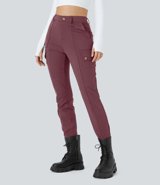 High Waisted Button Zipper Multiple Pockets Solid Skinny Cargo Pants - Wine