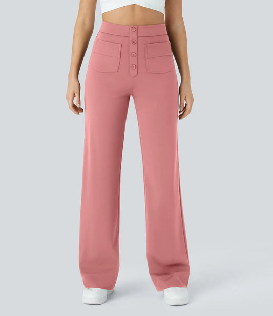 High Waisted Button Multiple Pockets Straight Leg Casual Pants - Pink