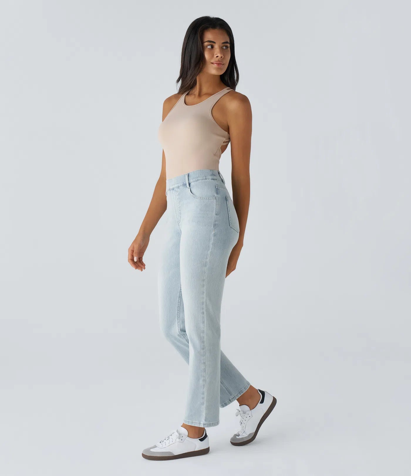 High Waisted Straight Stretchy Knit Casual Jeans - Light Azure Denim