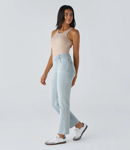 High Waisted Straight Stretchy Knit Casual Jeans - Light Azure Denim