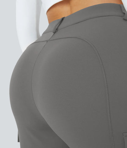 High Waisted Button Zipper Multiple Pockets Solid Skinny Cargo Pants - Gray