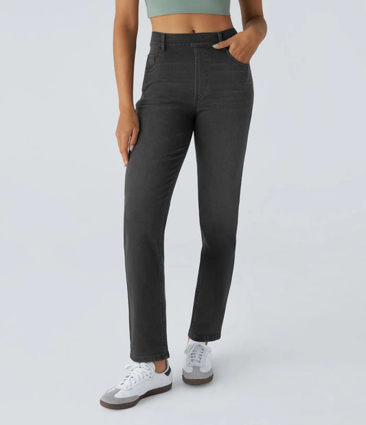 High Waisted Straight Stretchy Knit Casual Jeans - Deep Black Denim