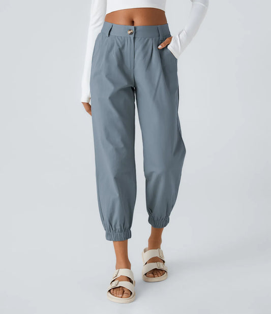 Mid Rise Button Zipper Women Casual Pants - Gray