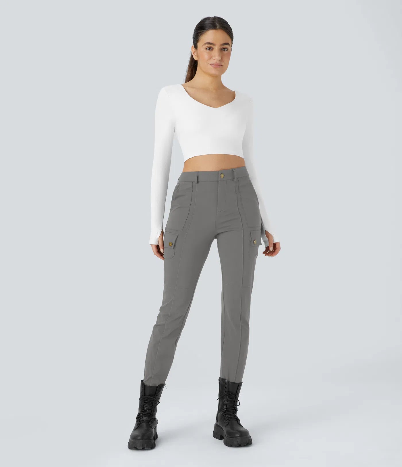 High Waisted Button Zipper Multiple Pockets Solid Skinny Cargo Pants - Gray