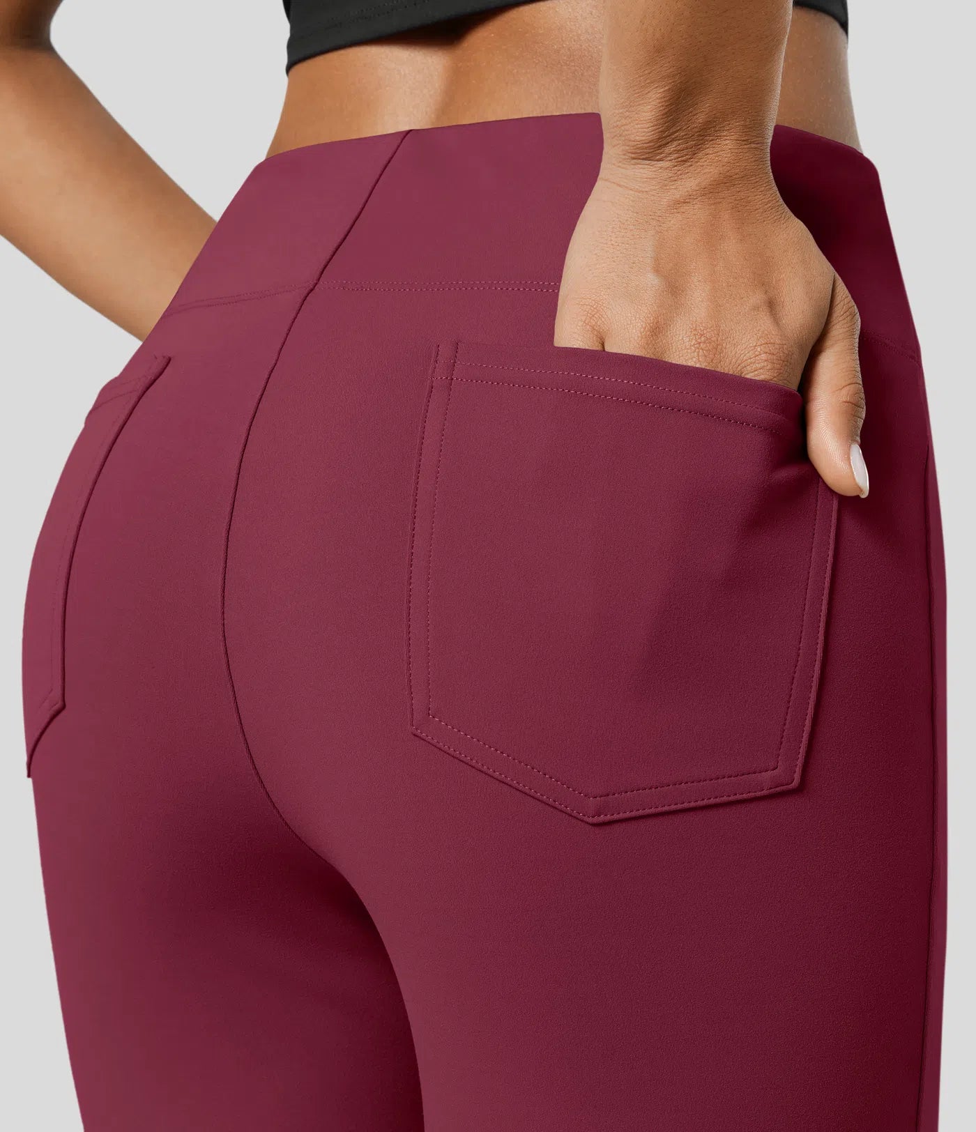 High Waisted Back  Pocket Flare Work Pants - Wine