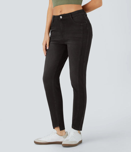 Mid Low Rise Button Zipper Multiple Pockets Stretchy Knit Casual Skinny Jeans - Deep Black Denim