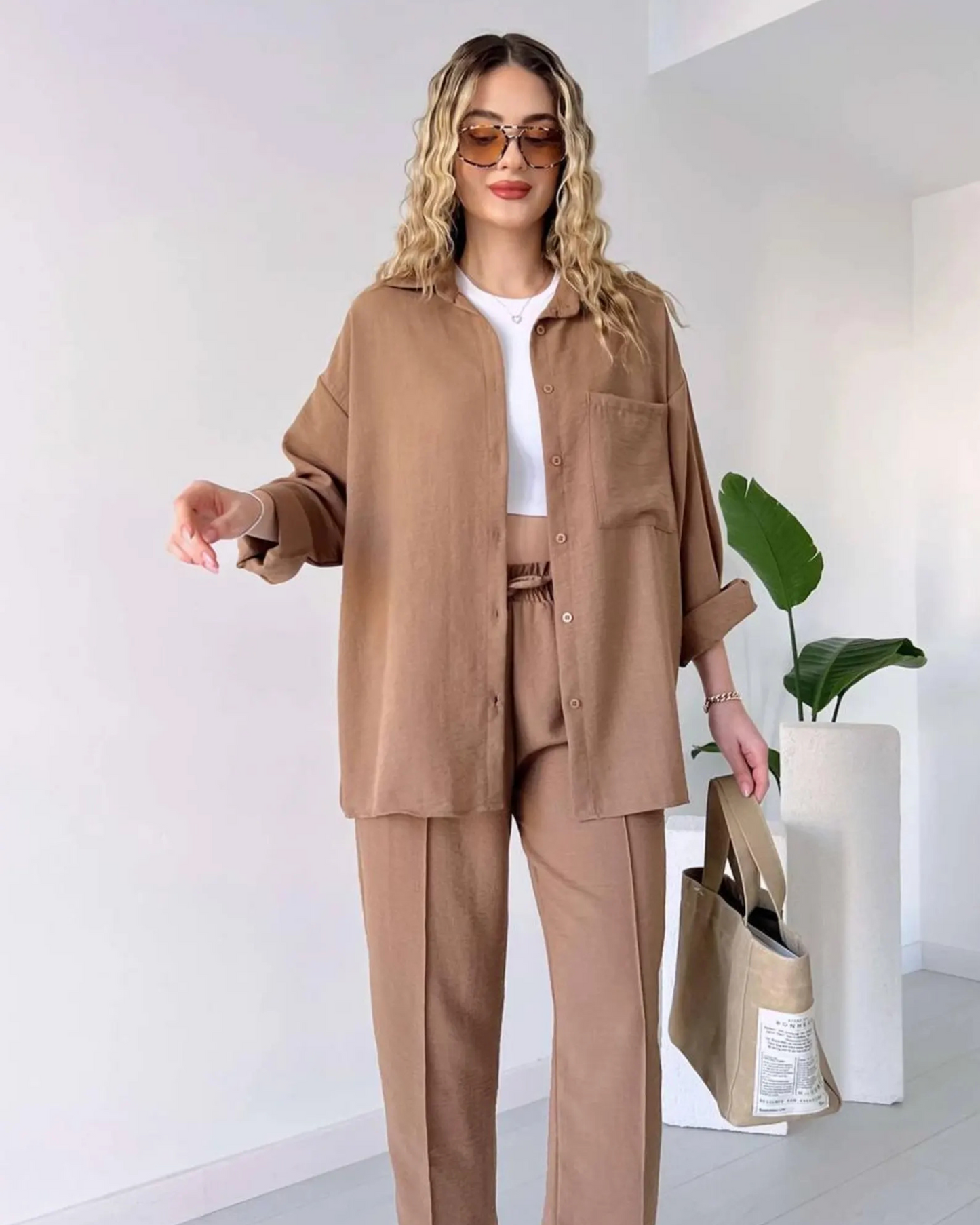 Cotton Linen 2 Piece Set - Brown