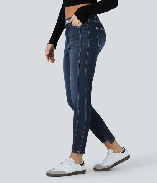 Mid Low Rise Button Zipper Multiple Pockets Stretchy Knit Casual Skinny Jeans - Paint Blue Denim