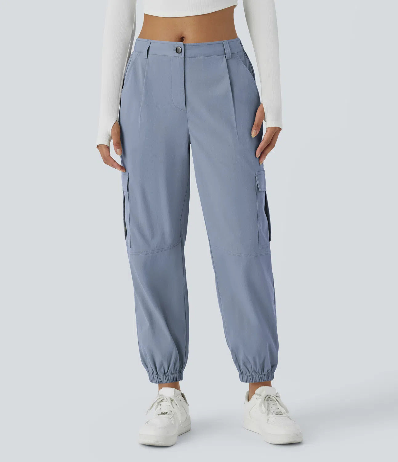 Mid Rise Button Zipper Multiple Pockets Casual Cargo Joggers - Gray