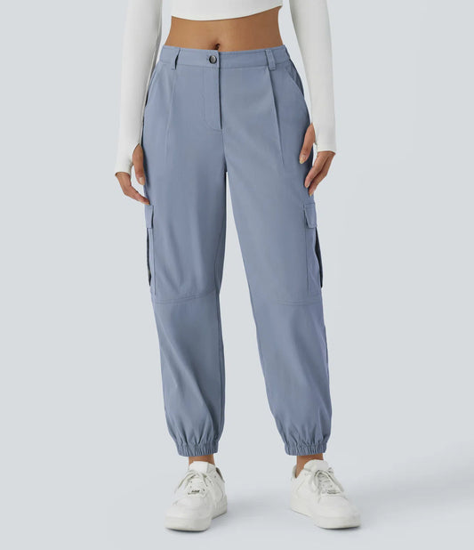 Mid Rise Button Zipper Multiple Pockets Casual Cargo Joggers - Gray