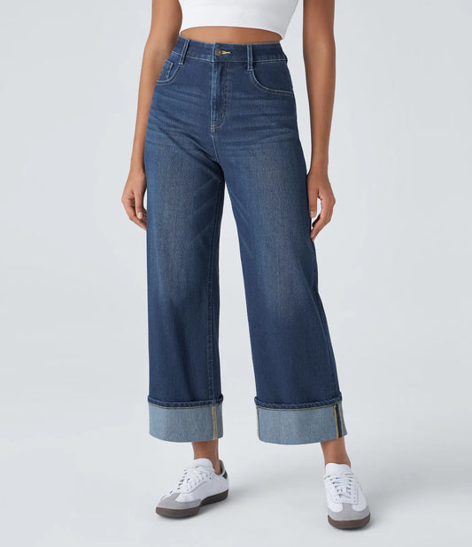 High Waisted Wide Leg Stretchy Knit Casual Jeans - Paint Blue Denim