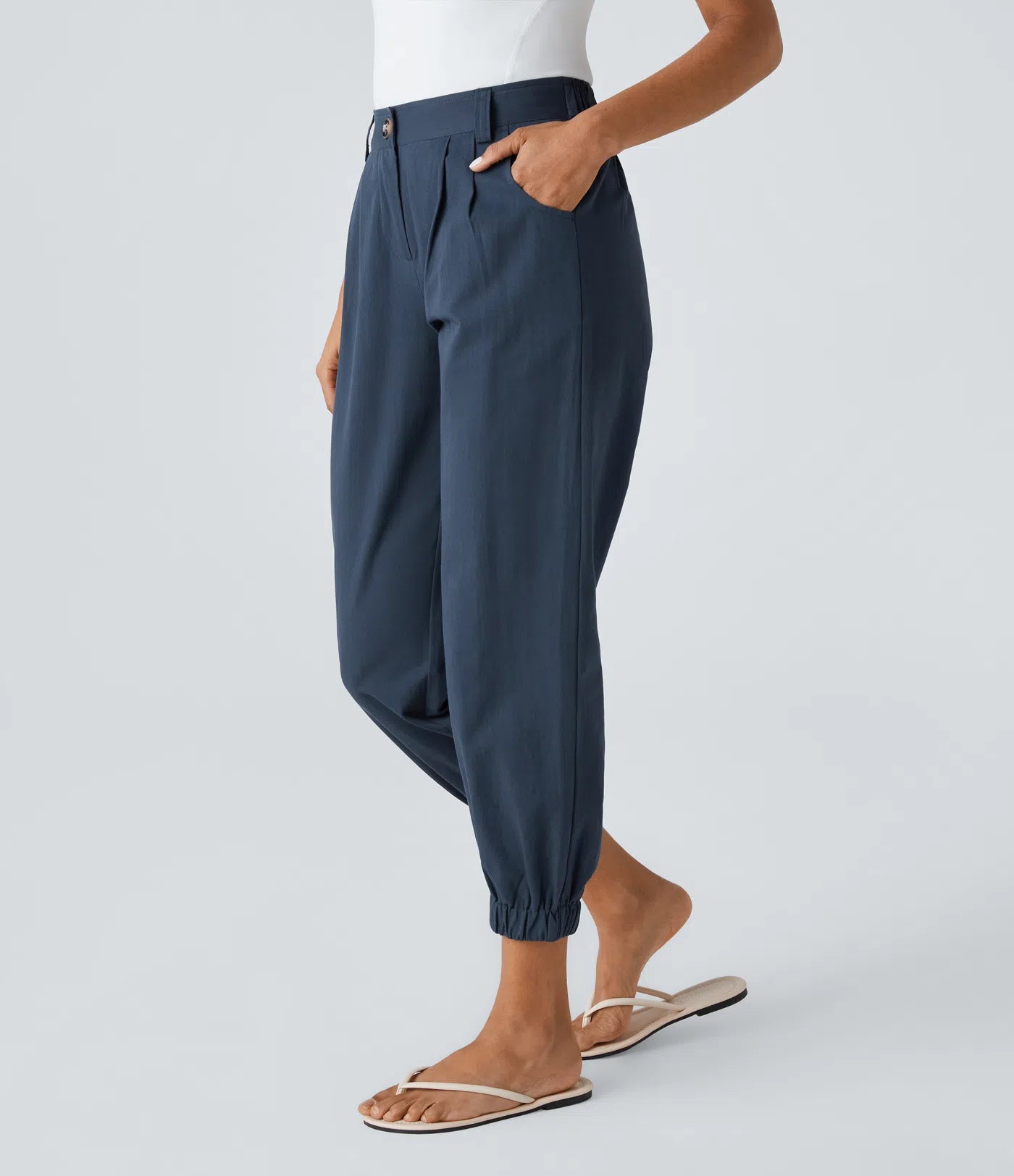 Mid Rise Button Zipper Women Casual Pants - Navy