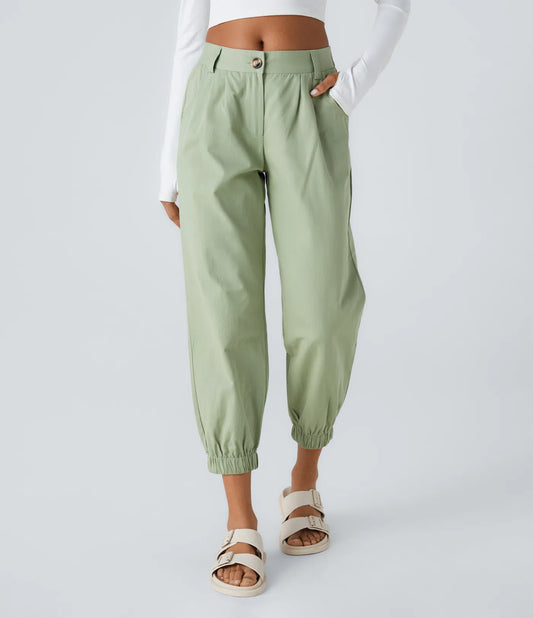 Mid Rise Button Zipper Women Casual Pants - Green