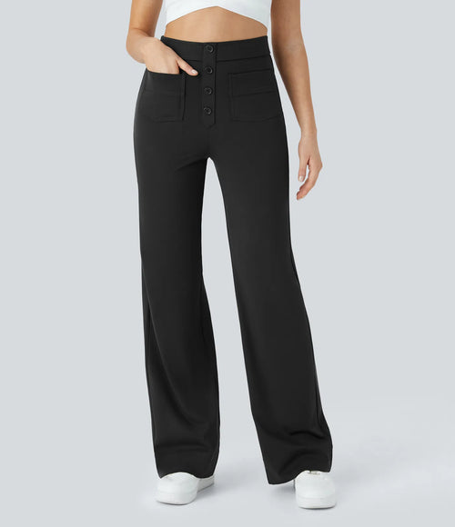 High Waisted Button Multiple Pockets Straight Leg Casual Pants - Black