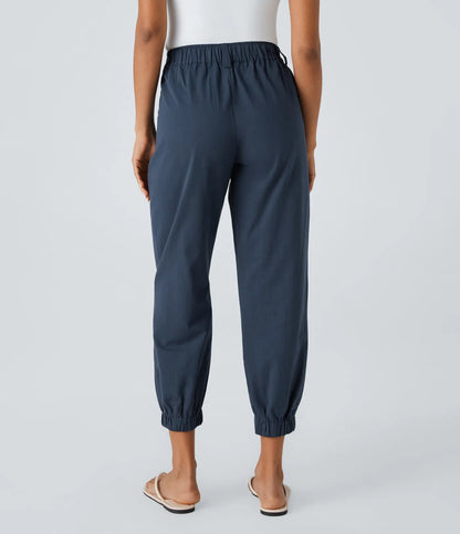 Mid Rise Button Zipper Women Casual Pants - Navy