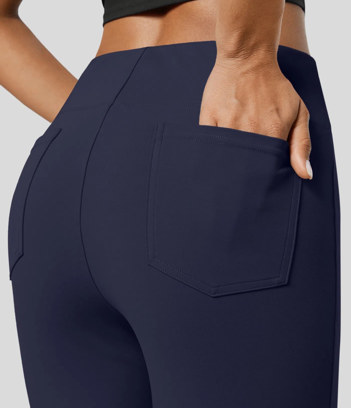 High Waisted Back  Pocket Flare Work Pants - Navy