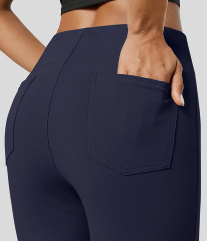 High Waisted Back  Pocket Flare Work Pants - Navy
