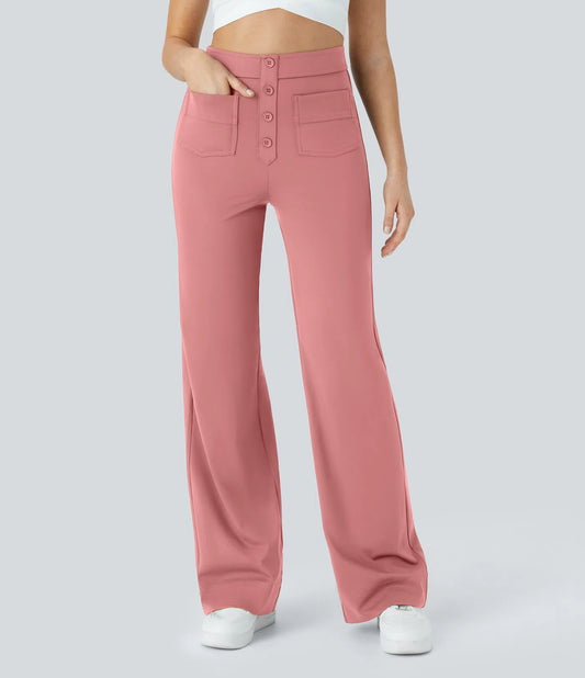 High Waisted Button Multiple Pockets Straight Leg Casual Pants - Pink