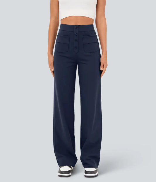 High Waisted Button Multiple Pockets Straight Leg Casual Pants - Navy