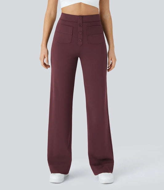 High Waisted Button Multiple Pockets Straight Leg Casual Pants - Wine