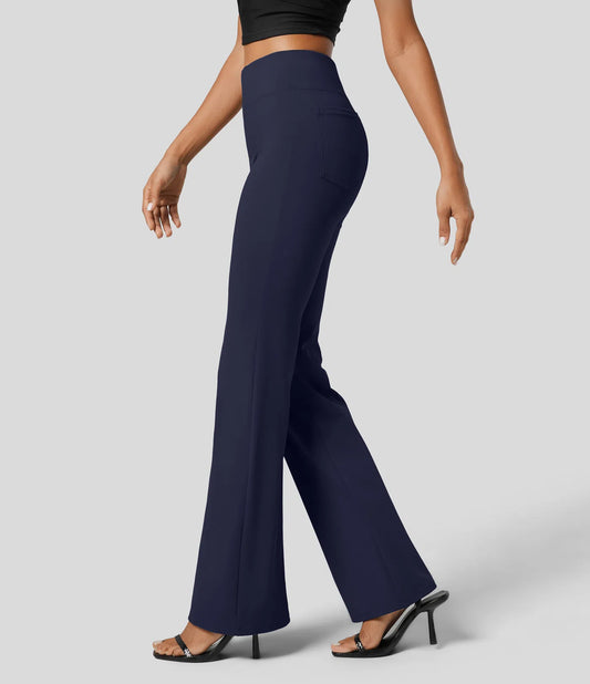 High Waisted Back  Pocket Flare Work Pants - Navy